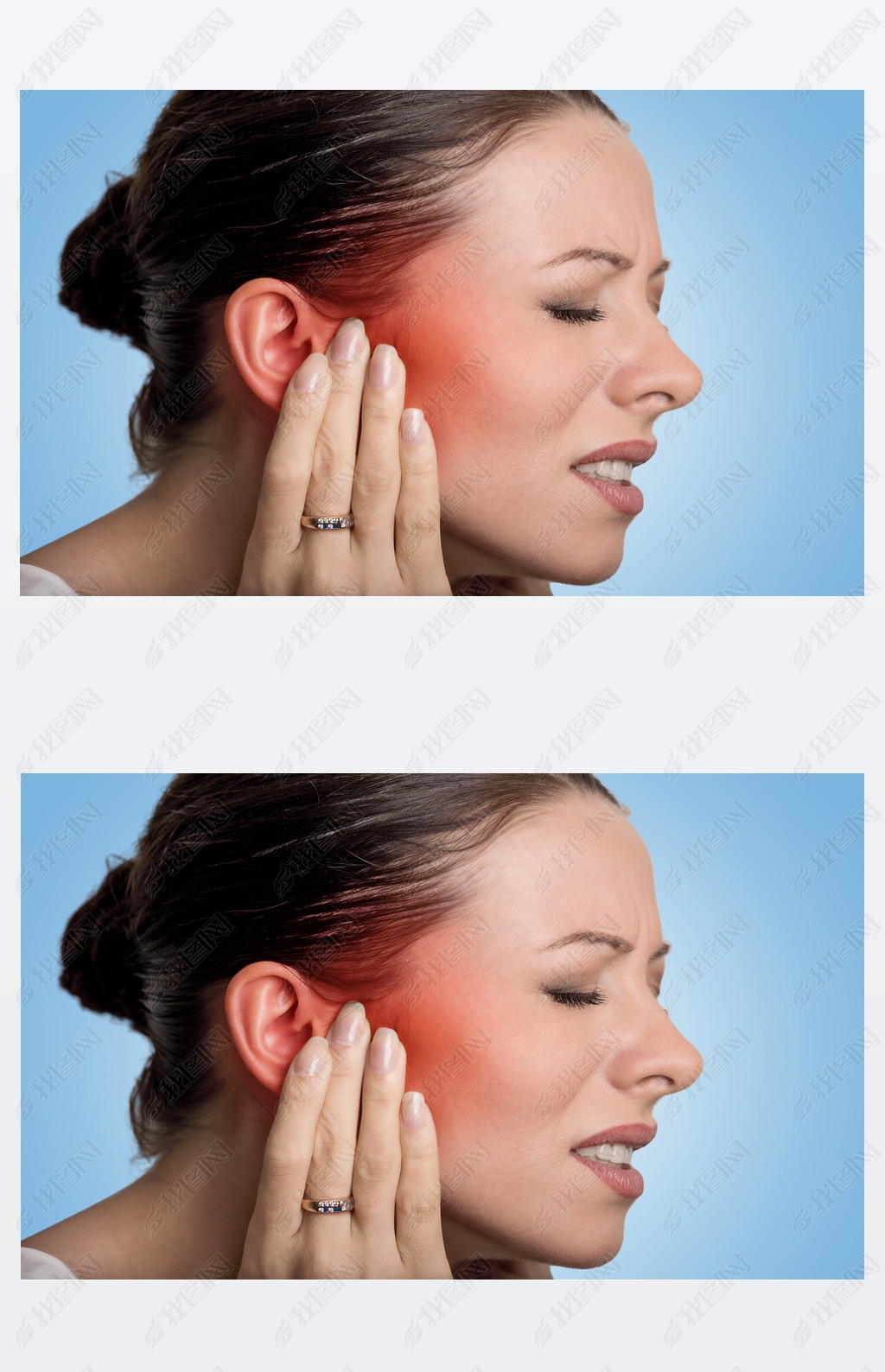 sick female hing ear pain touching her painful head