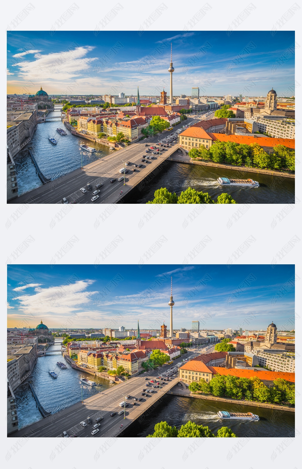 Berlin skyline panorama with Spree river at sunset, Germany