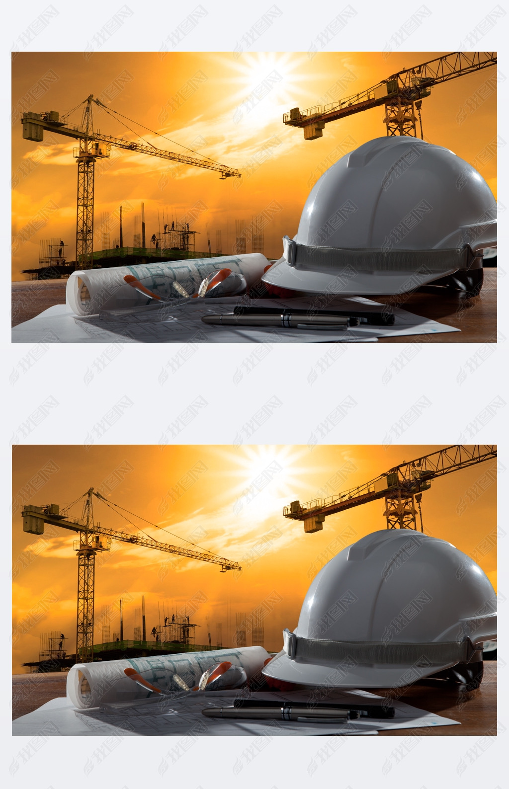 Safety helmet and architect pland on wood table with sunset scen