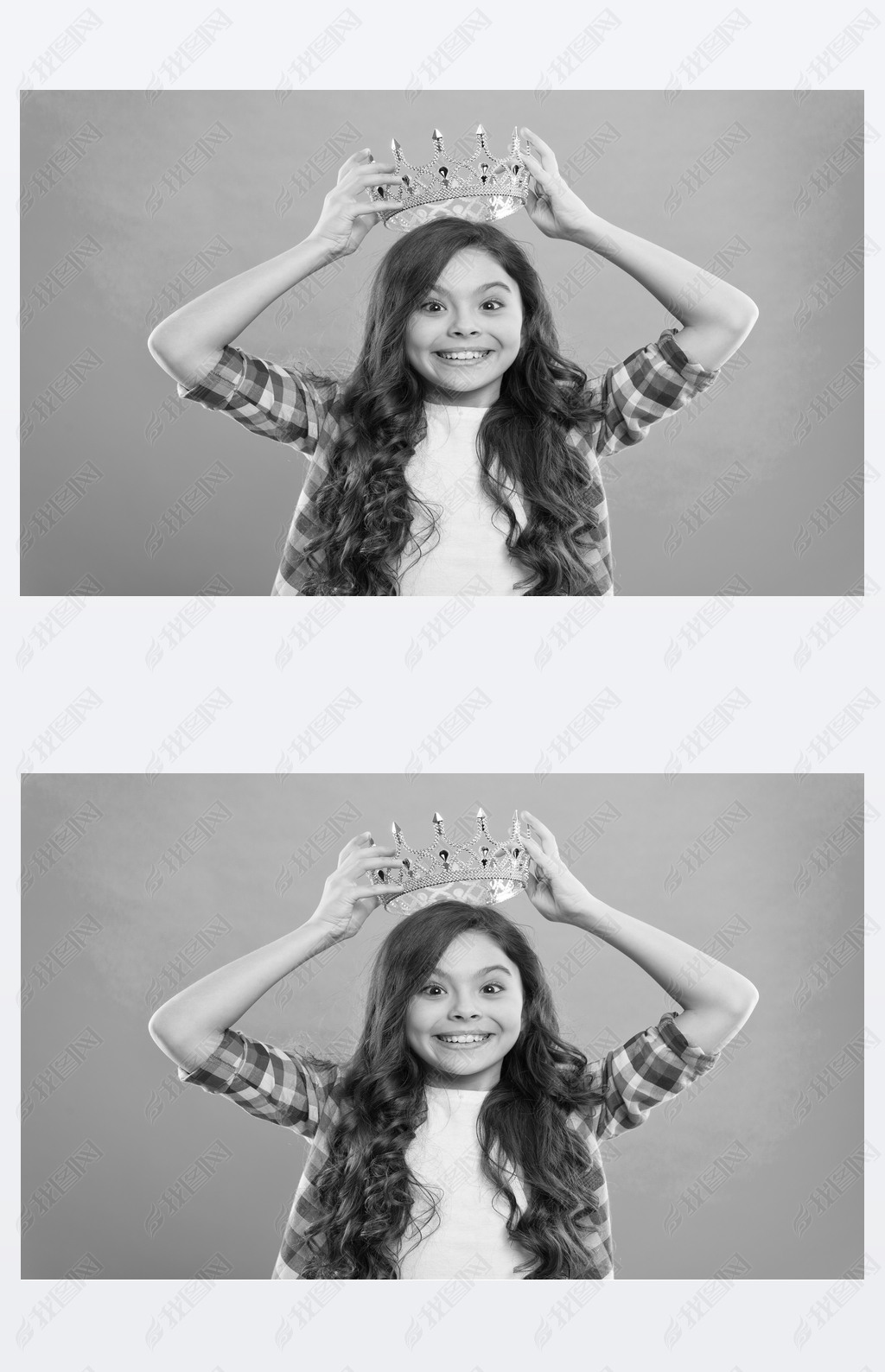 梦想成真孩子戴着公主的金冠象征女孩可爱的婴儿戴皇冠而站蓝色背景