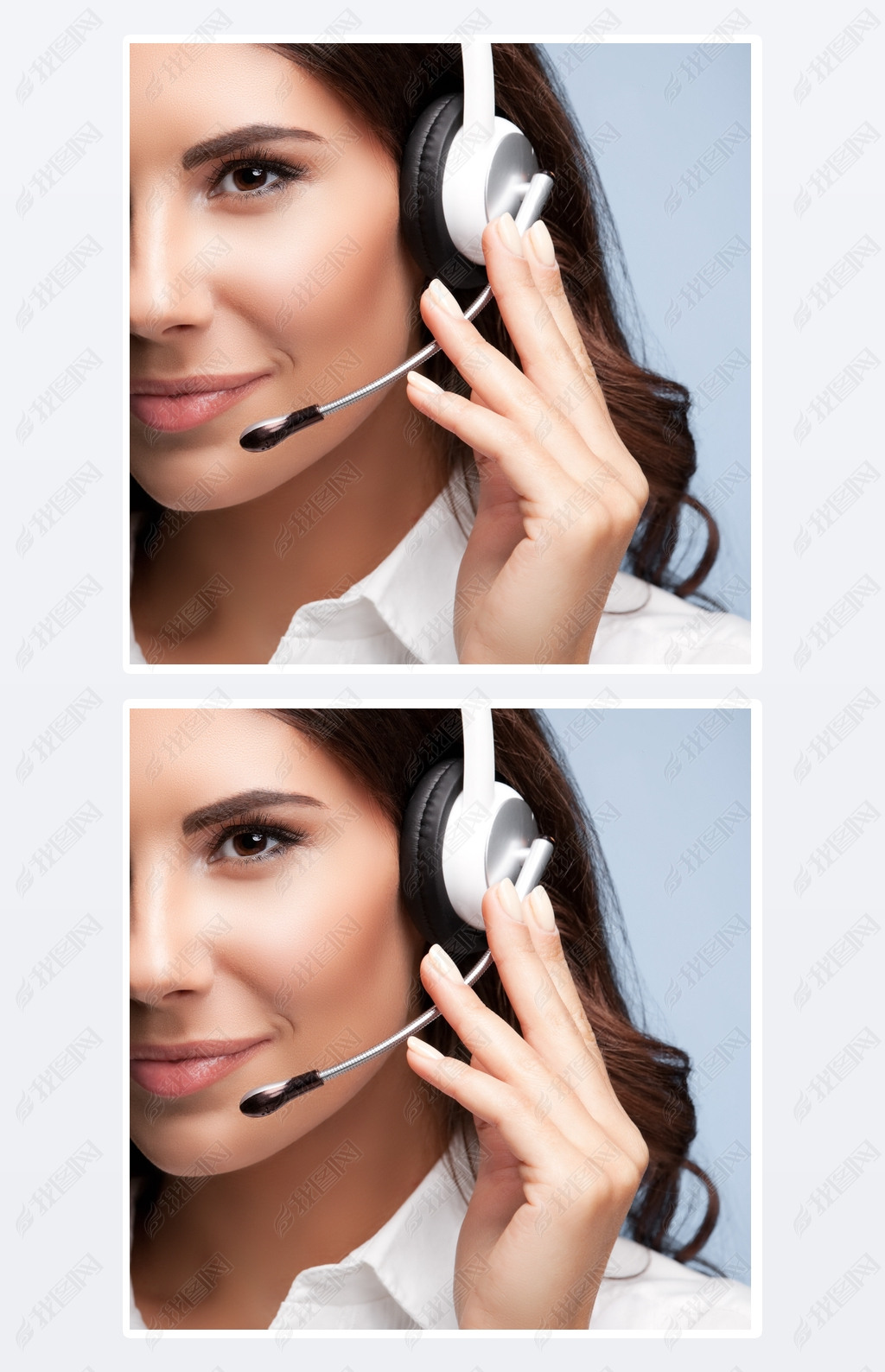 customer support female phone worker, on grey 