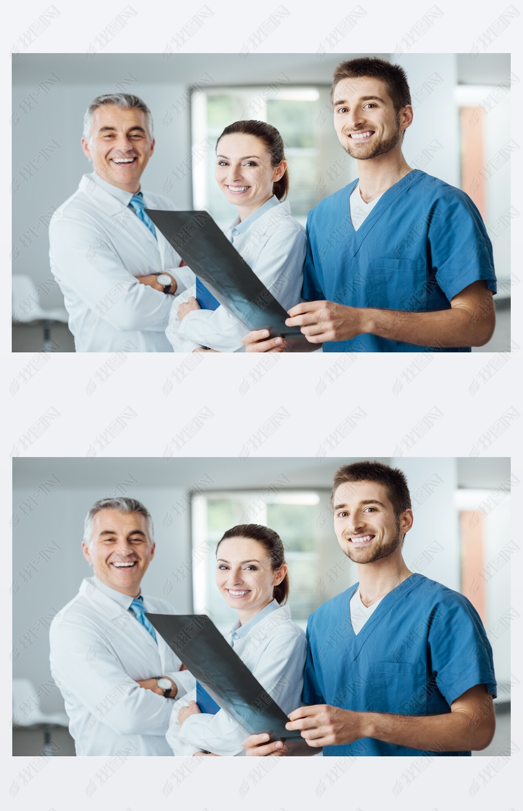 Medical team posing and examining an x-ray image