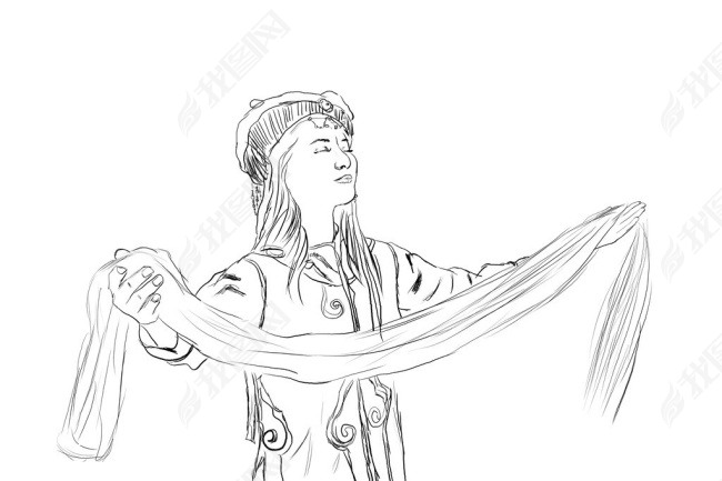 原创献哈达的蒙古族女人手绘版权可商用