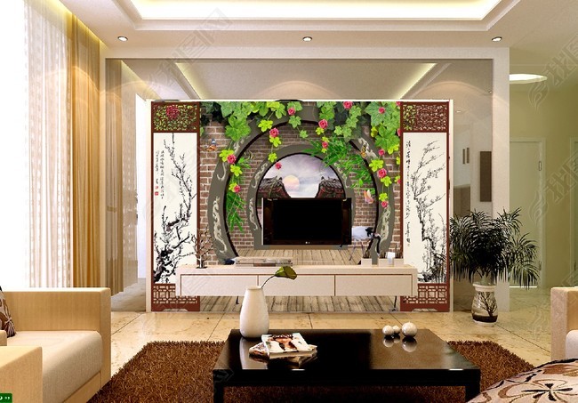 客厅3d中式园林风景电视背景墙图片