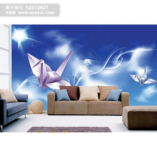 千纸鹤蓝天白云愿望电视沙发客厅背景墙