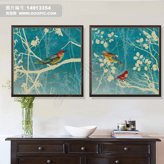蓝色树林花鸟装饰画进口画芯素材图库