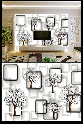 3D抽象树落叶手绘背景墙素材模板下载
