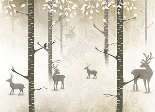 现代简约北欧复古美式鹿林背景墙装饰画模板