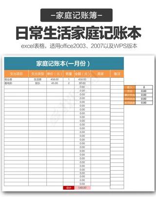 开支明细表Excel表格|日常生活家庭记账本家庭开支明细表模板