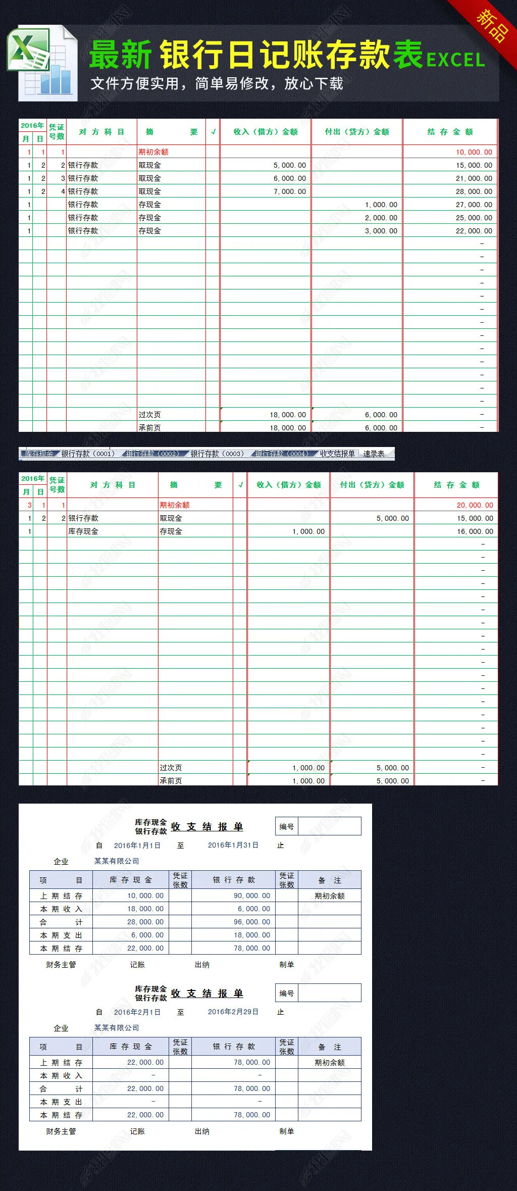 银行现金日记账存款表格模板收支结报单