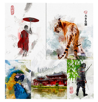 美丽淡雅的中国风水彩绘画艺术特效PS动作
