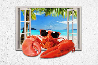 高清3d大龙虾窗户沙滩海景装饰画
