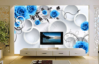 现代唯美简约3D欧式蓝玫瑰花藤花纹背景墙
