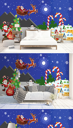 北欧卡通圣诞老人麋鹿电视背景墙壁画
