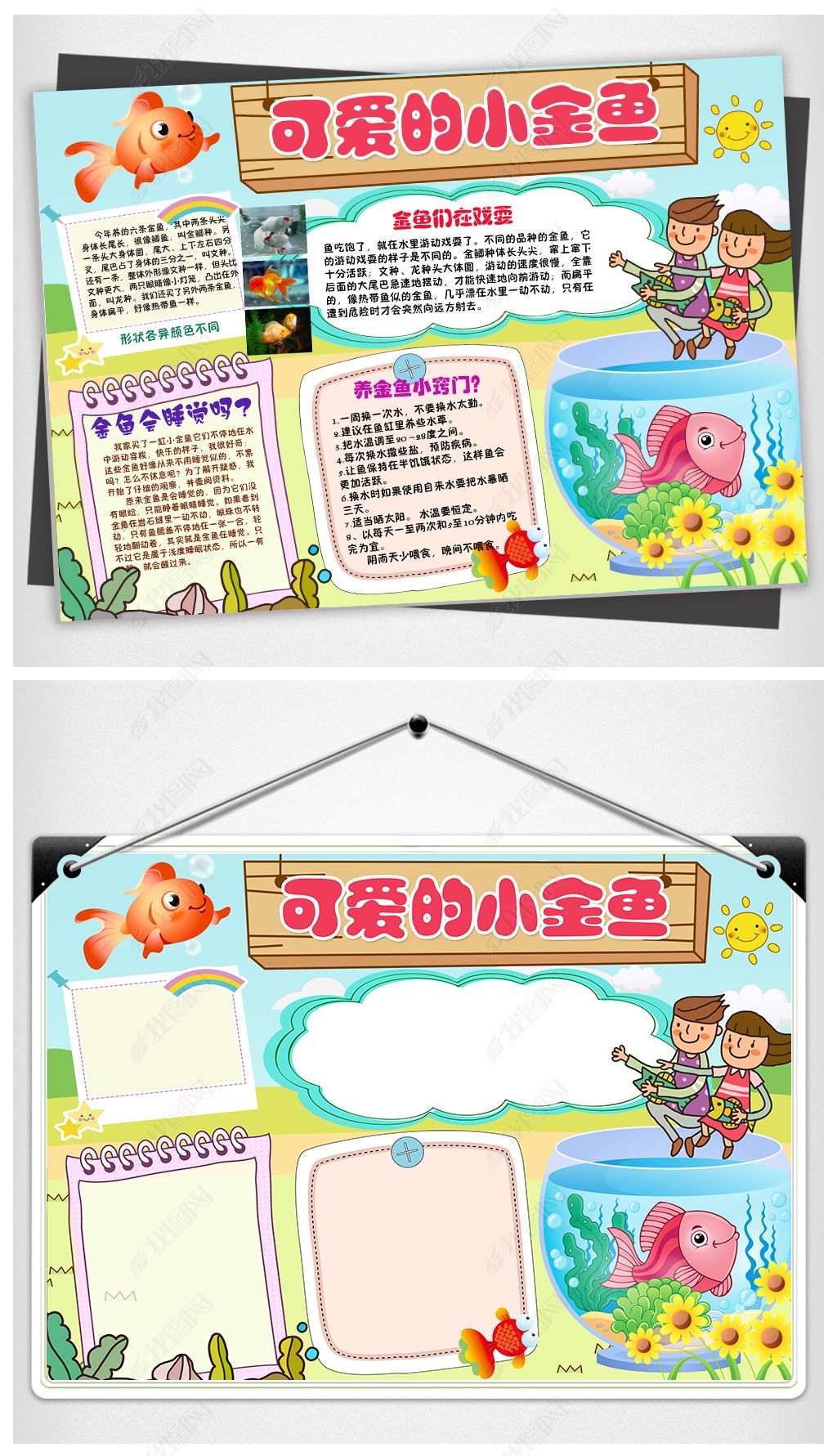 原创观察日记饲养小金鱼可爱宠物动物小报手抄报模板