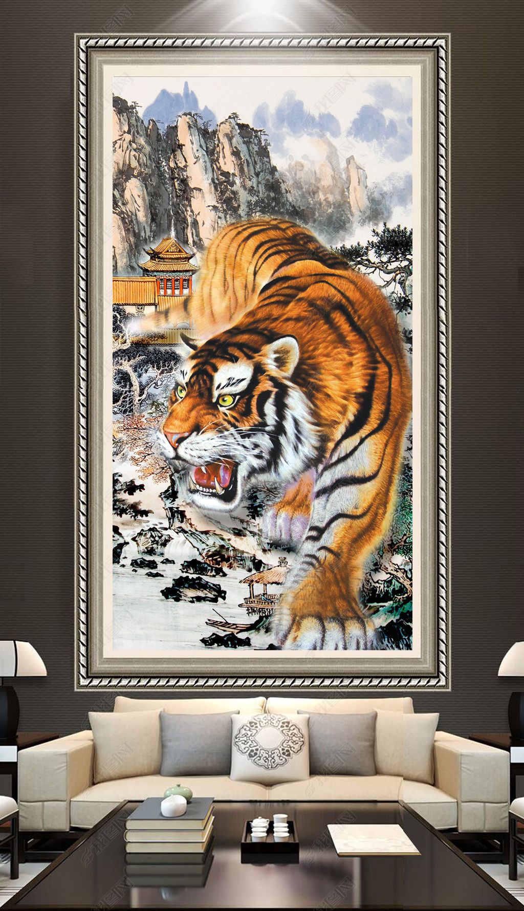 国画猛虎下山图虎啸图下山虎玄关