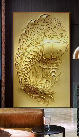 3d浮雕金色鱼玄关背景墙装饰画