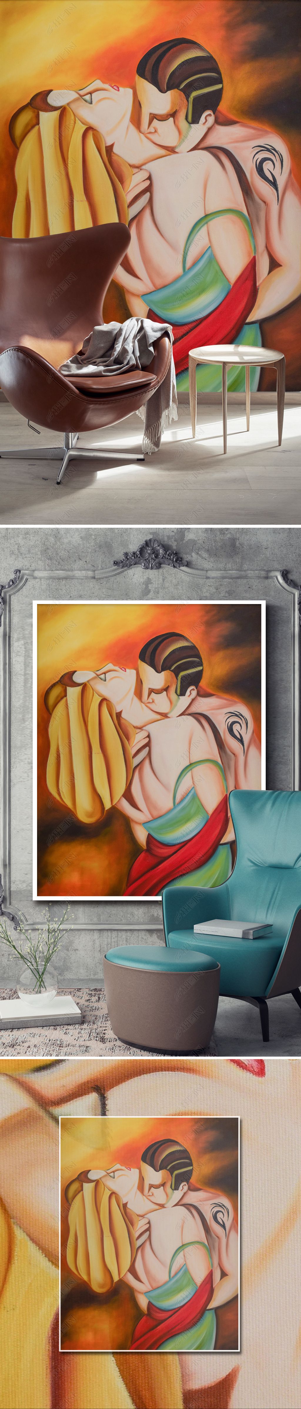 原创抽象手绘拥抱的情侣油画装饰画