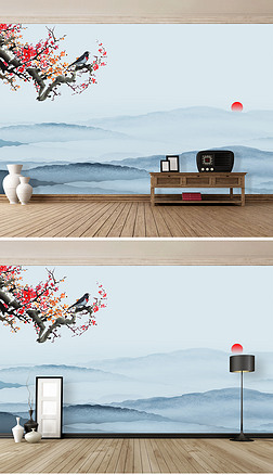 简约新中式水墨山水画梅花客厅背景墙壁画