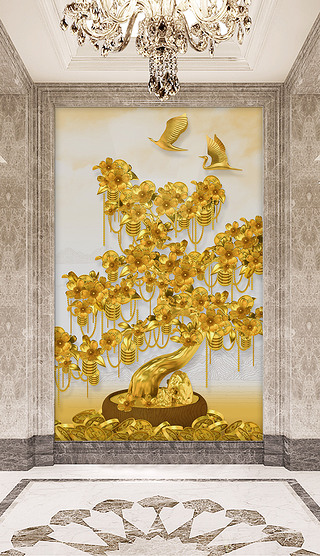 3d立体金色摇钱树发财树招财树金色玄关