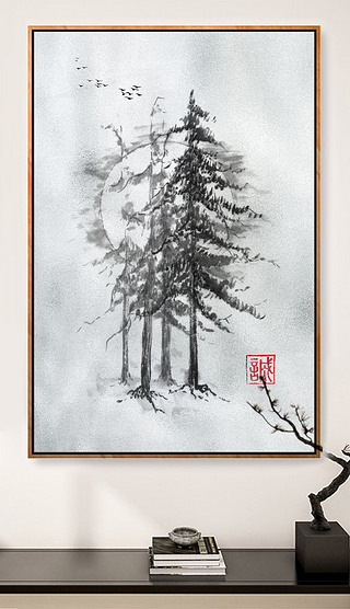 新中式手绘黑白飞鸟森林装饰画玄关背景