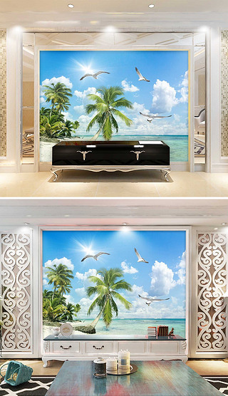 椰子树美丽沙滩海景风光风景画无框画背景墙