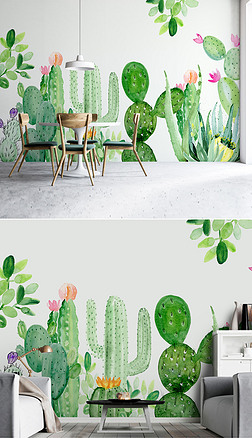 北欧手绘仙人掌热带植物电视背景墙装饰画