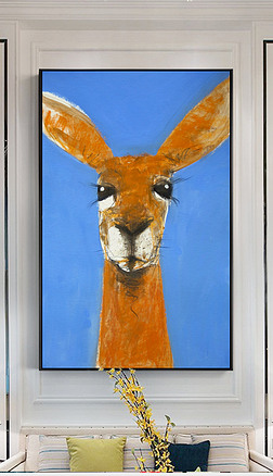 北欧简约手绘袋鼠动物油画现代家居艺术装饰画