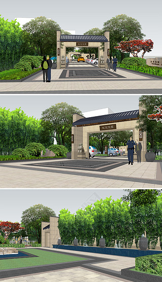 现代中式风格住宅小区入口景观售楼处景观设计
