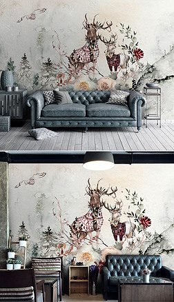 北欧美式欧式麋鹿花朵现代简约背景墙