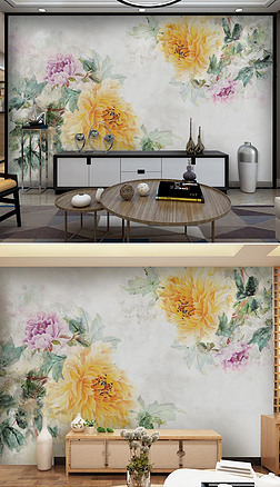 新中式手绘油画牡丹花背景墙欧式背景墙抽象