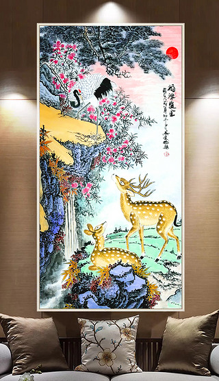 新中式鹿鹤同春玄关新中式国画花鸟玄关装饰画