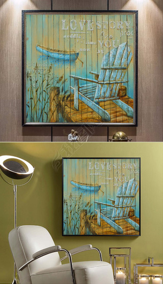 复古怀旧木板油画湖边景色