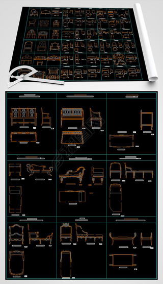 54款欧式古典家具之长椅,沙发椅平立面图库