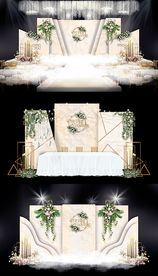 香槟色大理石纹婚礼效果图设计复古婚庆舞台背景