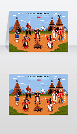 美国印第安人的卡通海报与圆锥形帐篷在部落矢量图