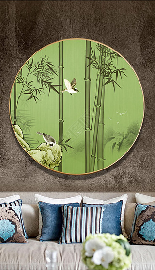 新中式石头竹子小鸟圆形装饰画