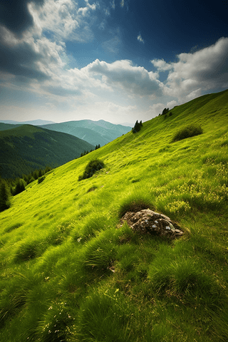 夏天山上长满青草的山坡