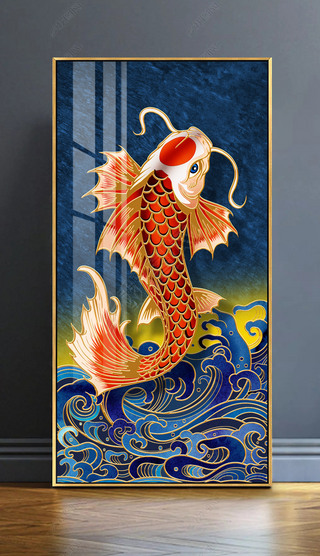 新中式吉祥锦鲤海浪纹跃龙门玄关装饰画壁画