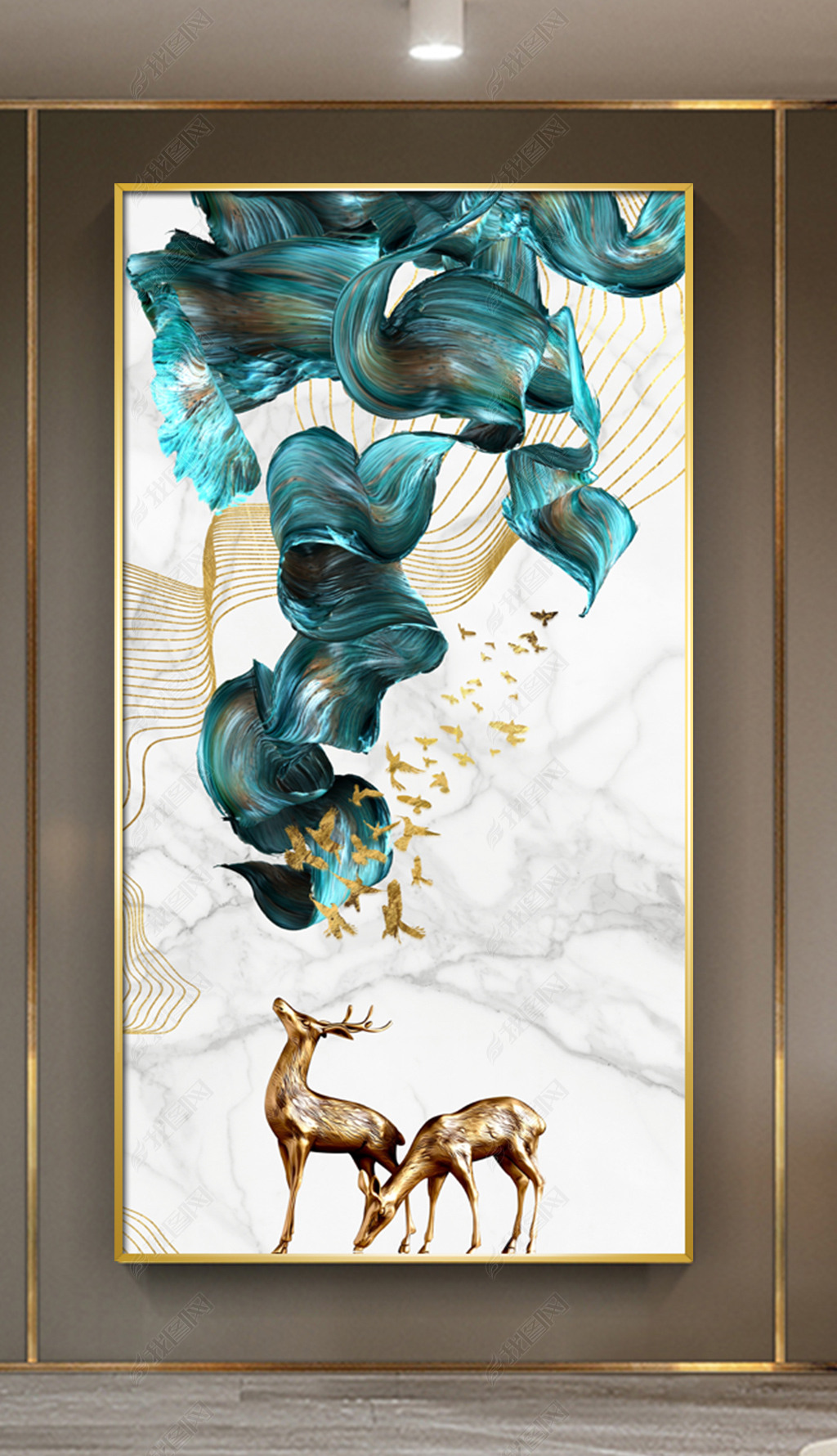 原创新中式现代轻奢艺术抽象招财金鹿风景玄关壁画晶瓷画装饰画