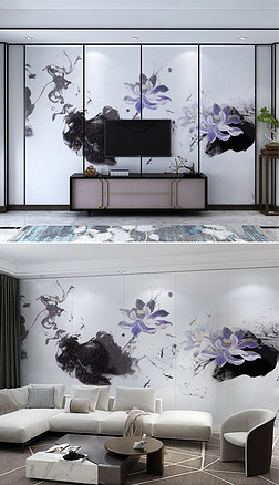 新中式现代抽象水墨烟雾荷花背景墙壁纸壁画