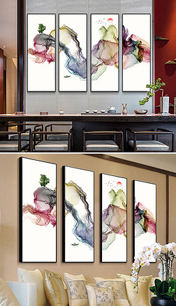 现代客厅装饰画水墨意境山水抽象挂画四联画