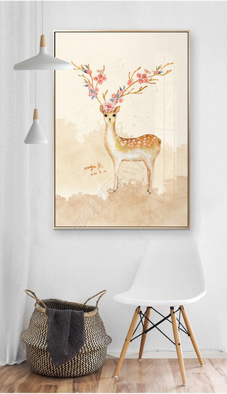 水彩麋鹿手绘装饰画小清新北欧油画动物麋鹿