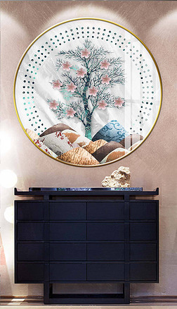 新中式手绘轻奢麋鹿小清新客厅圆形装饰画