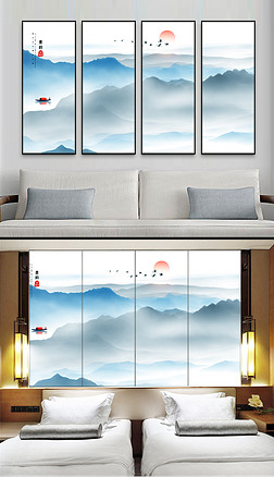 中国风水墨山水风景画客厅挂画四联画床头画
