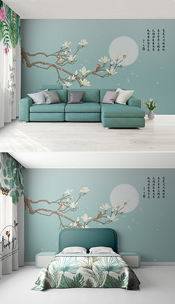 新中式手绘花鸟背景墙壁纸壁画北欧背景墙