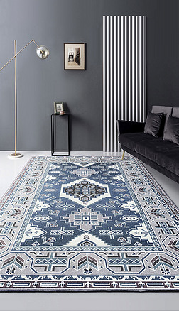 欧式古典宫廷波斯花卉线条蓝地毯地垫设计