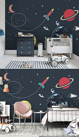 北欧简约手绘太空宇宙火箭儿童房女孩卧室卡通壁画