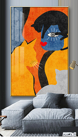 后现代轻奢手绘爱马仕橙抽象人物艺术女人与猫创意玄关装饰画5