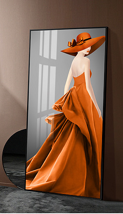 后现代轻奢时尚爱马仕橙抽象优雅礼服性感美女竖版玄关客厅餐厅装饰画
